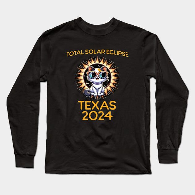 Funny Cat Sunglasses Total Solar Eclipse April 2024 Texas Long Sleeve T-Shirt by JoeStylistics